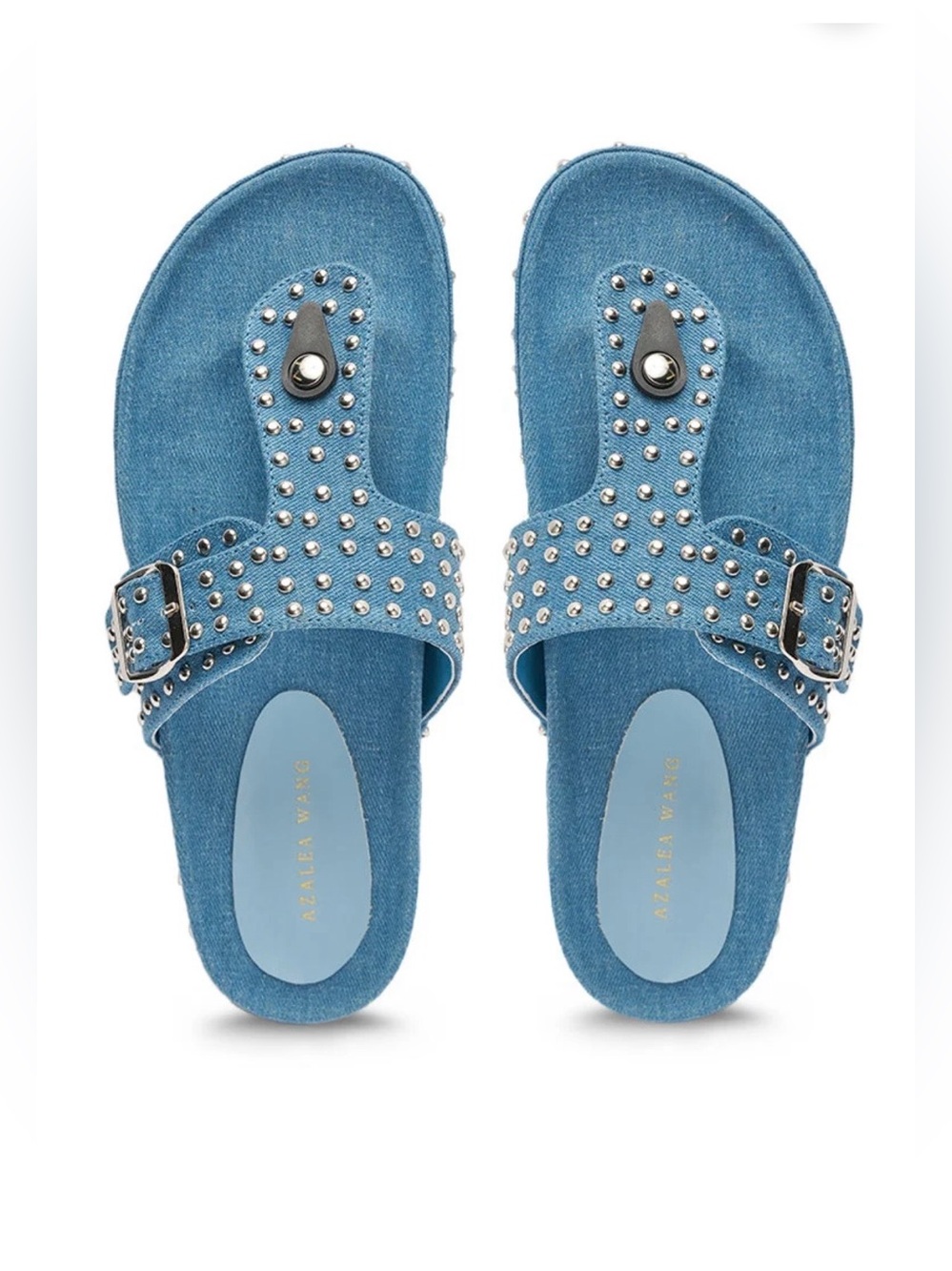 AKIRA Denim Blue Studded Slide Sandals with Buckle Accent